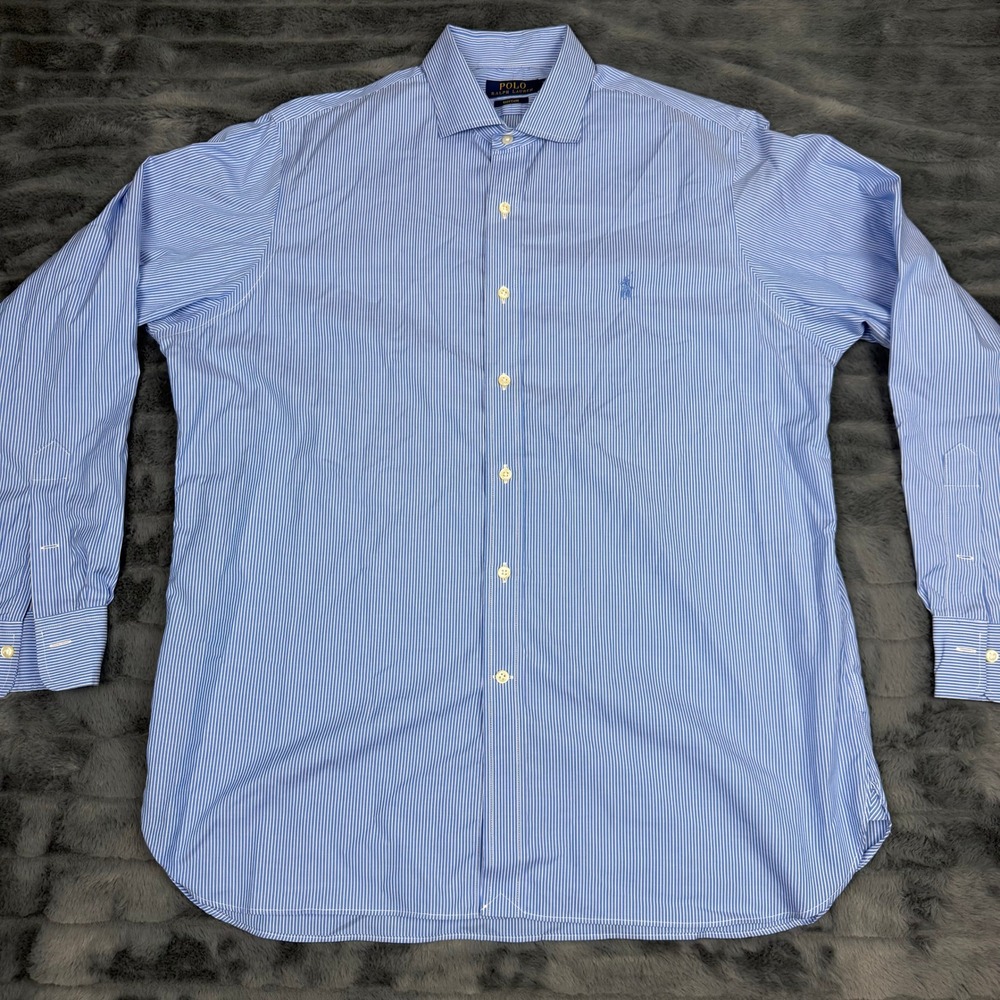 Polo Ralph Lauren Mens Blue White Striped Easy Care Dress Shirt 16.5 34/35 14587